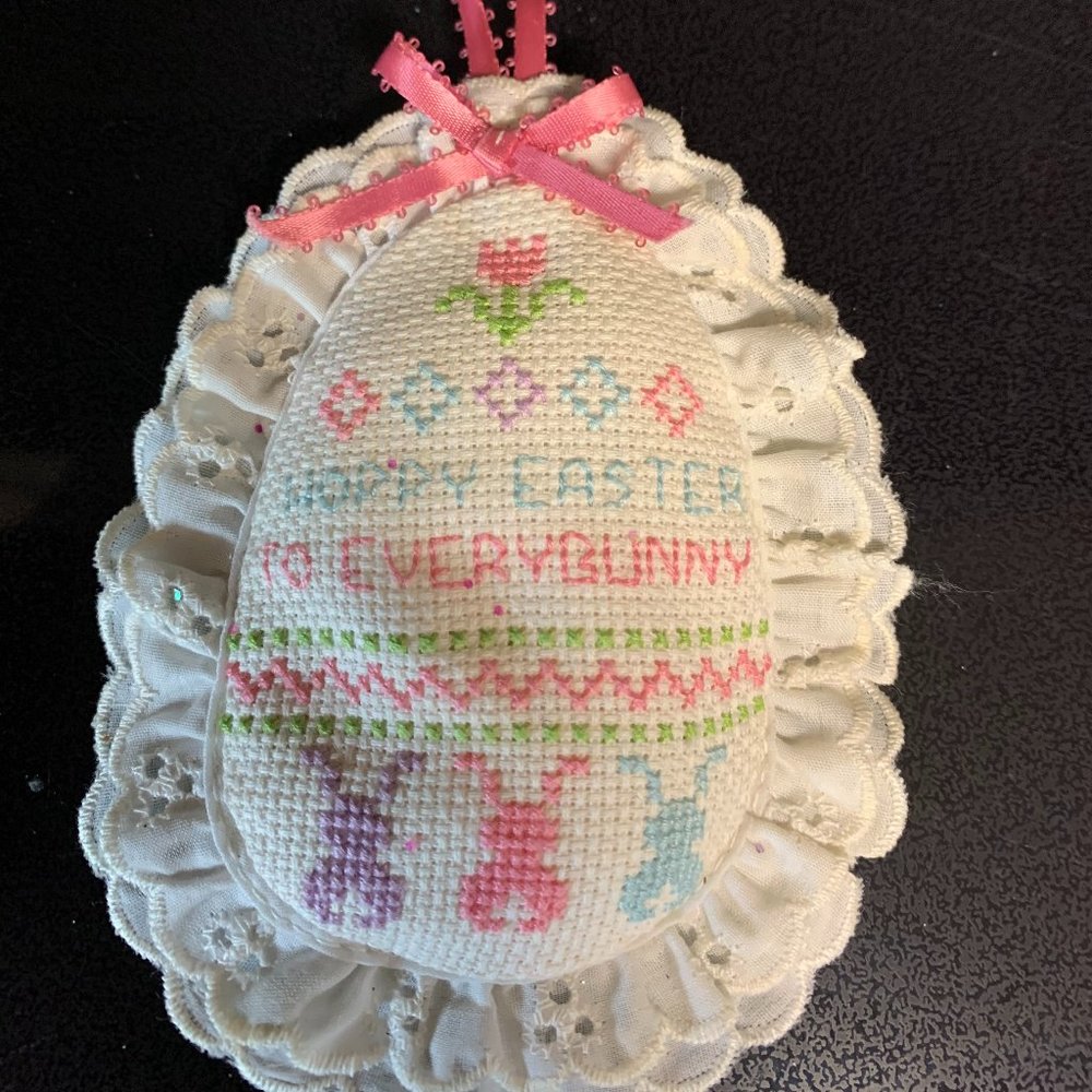 “Hoppy Easter to Everyone" hanging egg pillow